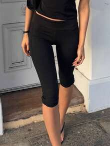 Womens Split Hem Capri Pants Fold Over Waist Solid Color Slim Fit Cropped Pants Trousers - 黑色 - 查看 3