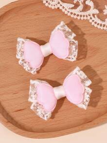 2pcs Soft Color Fabric Lace Bow Hair Clips For Girls, Cute Pink Hair Accessories For Spring/Summer Casual, Wedding, Party, Lace Fairy Hair Clips For Baby - Multicolor - View 1