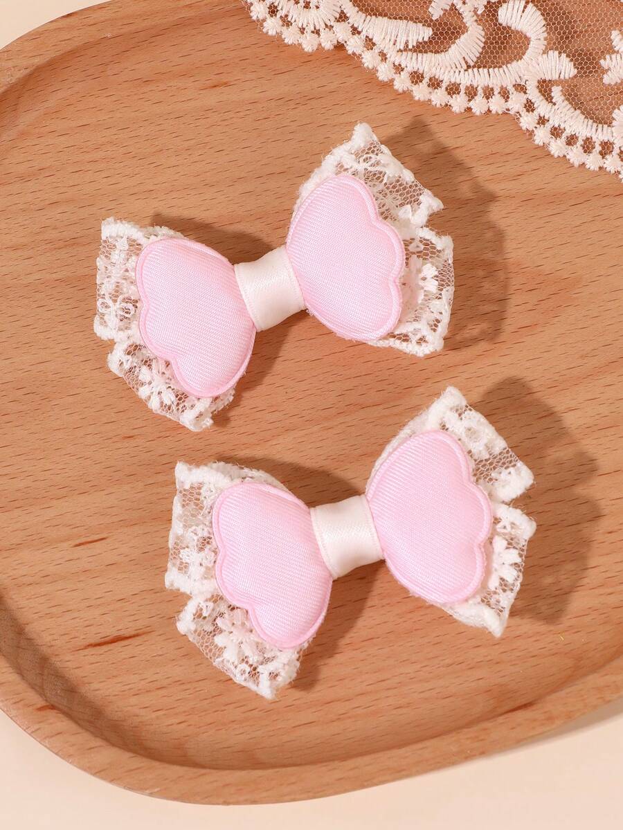2pcs Soft Color Fabric Lace Bow Hair Clips For Girls, Cute Pink Hair Accessories For Spring/Summer Casual, Wedding, Party, Lace Fairy Hair Clips For Baby - Multicolor - View 1