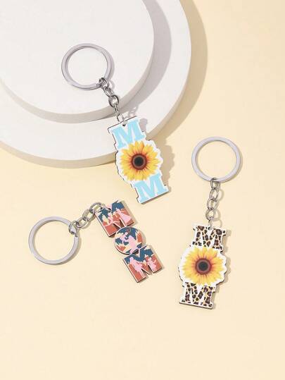 1pc Handmade DIY MOM Sunflower Leopard Print Heart Wooden Tag Keychain, Creative Gift, English Letter Wooden Keychain, Holiday Gift, Suitable For Daily Use, Mother's Day Gift For Mom Gifts For Mother, Father, Graduation, And Teacher