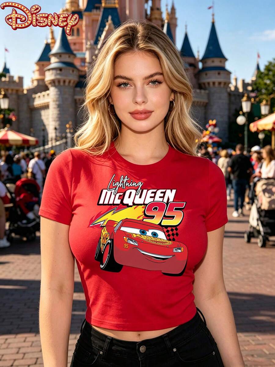 Disney Licensed Style | Lightning McQueen No.95 Car Print Slim Fit Women's Short Sleeve T-Shirt - Speed Passion & American  Vibe, Soft Breathable Fabric, Crew Neck, Ideal For Racing Themed, Daily Casual Wear - 紅色 - 查看 1