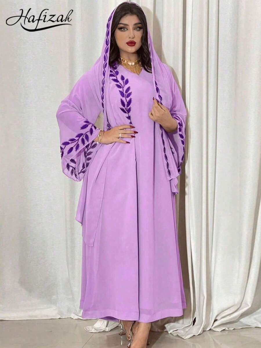 Hafizah 中东时尚街头风夏季雪纺长款刺绣粉色圆领连衣裙，搭配头巾 - 紫羅蘭色 - 查看 1