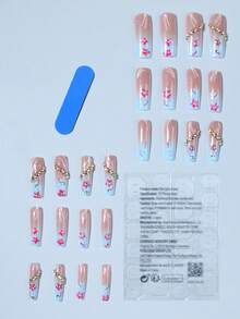 24pcs Coffin Shaped Rhinestone Decorated French Manicure False Nails Set, Includes 1 Pair Of Double-Sided Adhesive And 1 Nail File - Multicolor - View 2