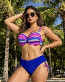 Stylish Plus Size Bikini, Casual Fabric, Beachwear, Vacation. - Màu Hồng Tươi - Xem 3