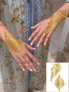 4 Sheets Gold Henna Tattoos Stickers Glitter Hand Temporary Tattoos Waterproof Glitter Makeup Metallic Tattoo For Women Summer Date Festival Party Supplies Beach Easter Gifts Rave Accessories - Gold - View 5