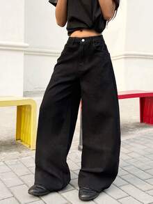1 chiếc quần jeans ống rộng màu đen dáng suông, thoải mái, kiểu Mỹ, đa năng dành cho nữ (Không bao gồm thắt lưng/phụ kiện) - màu đen - Xem 6