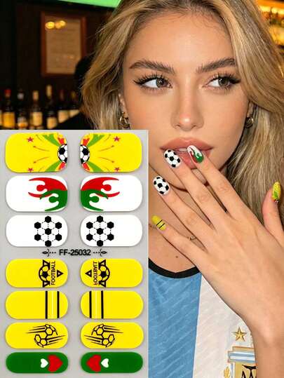 1 Sheet Senegal Flag & Football Themed Full Nail Stickers, 14 Nails, Waterproof & Long-Lasting Removable Nail Art Decals, World Cup Fan DIY Nails
