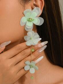 1 Pair Elegant Fabric Flower Long Earrings, Suitable For Daily Wear (Bead Color Random) - Light Green - E173E - View 2