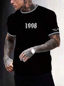 Manfinity Homme Men's Crew Neck T-Shirt With Contrast Stripes And Number Print - Black - View 1