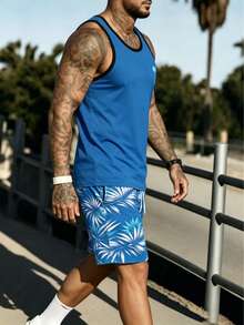 Conjunto de top sin mangas y pantalones cortos con cordón en la cintura con estampado tropical de palmeras para vacaciones de verano de hombres - Azul - Ver 4