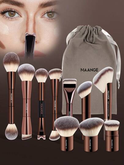 MAANGE 1 Pennello per contorno nasale a doppia punta / 1 Pennello per cipria libera / Set di 10 pennelli professionali per il trucco del viso con borsa portaoggetti, inclusi: pennello per cipria libera, pennello per blush, pennello per fondotinta, pennello per illuminante, pennello per contouring, pennello sfumatore e pennello correttore, set di strumenti per il trucco, regalo per donne e ragazze, set da viaggio per il trucco