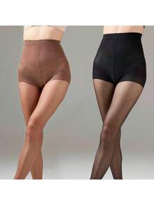 2 Pairs Plus Size Women's 20D Minimalist Solid Color Pantyhose, Coffee Brown And Black - Multicolor - View 9