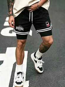 Men's Summer Sports Basketball Shorts, Drawstring Elastic Mesh Quick-Dry Knee-Length Shorts - Black - View 2
