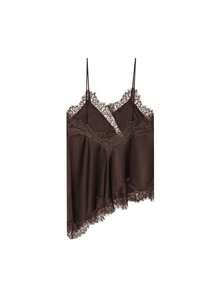 Nueva llegada Camiseta de mujer con decoración de encaje sexy, estilo europeo y americano para el verano - Marrón 2 - Ver 3