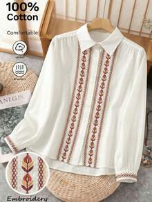 Blus Kasual Bordir Bergaya Vintage, Atasan Lengan Panjang - Krem - View 5