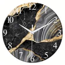 Large Black Marble-Patterned Glass Wall Clock, 12-24inch Luxurious Round Quartz Clock, Silent Battery-Powered, Handmade, Modern Living Room Decoration, Suitable For Living Room, Bedroom, Office Decoration, Holiday Gift - 1PC - View 13