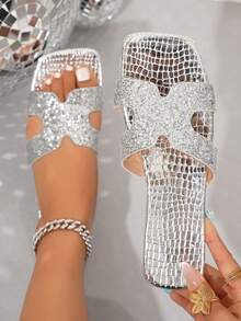 Gold Rhinestone Slip-On Sandals, Lightweight Luxury Party Wear Flat Toe Thong Slippers For Summer - Silver - View 12