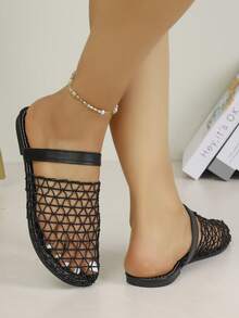 2026 Summer New Korean Style Hollow Fishnet Mule Slippers, Flat Breathable Open-Toe Strap Backless Sandals - Black - View 4