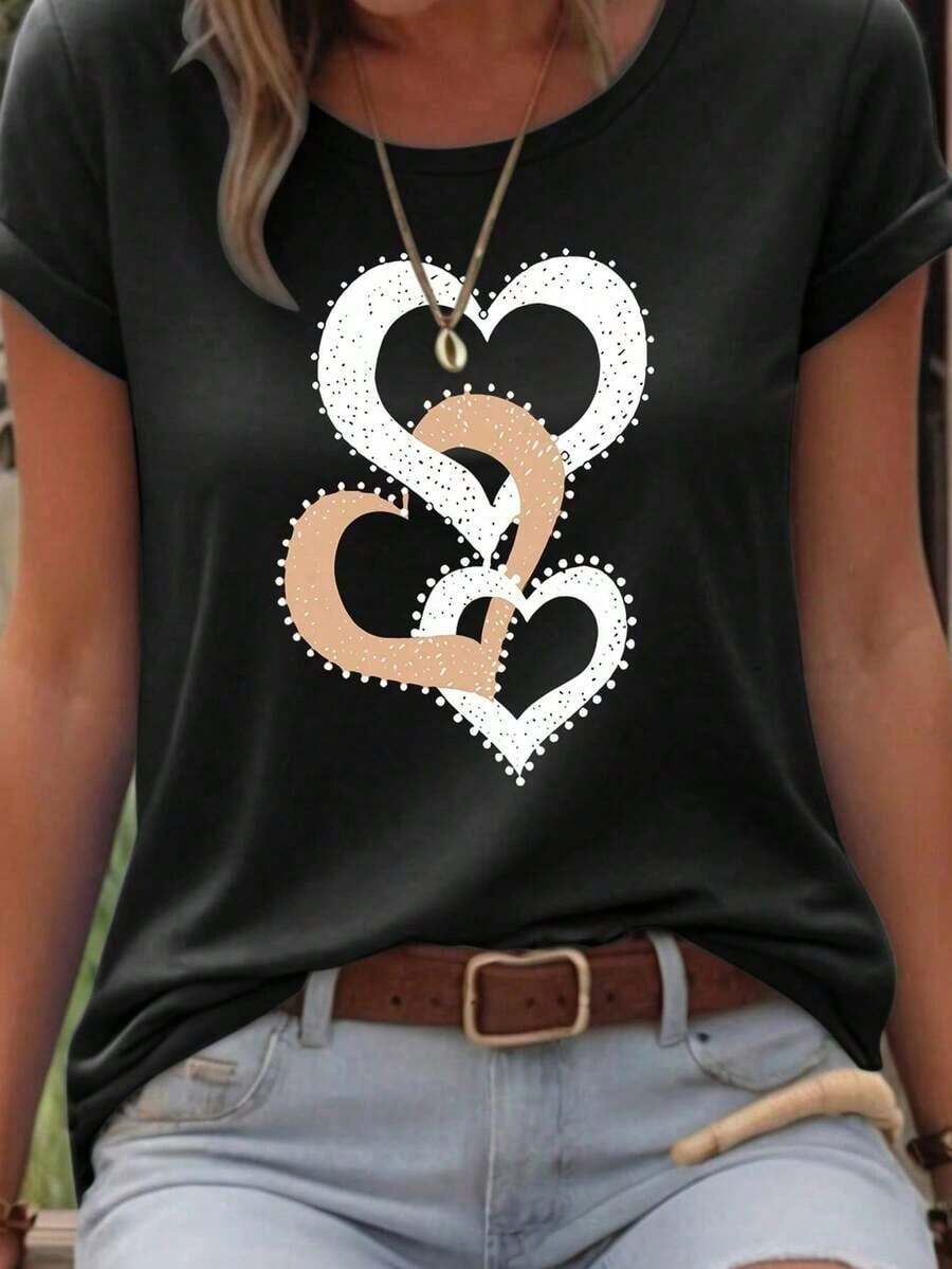 Women's Casual Short-Sleeved T-Shirt With Round Neck And Heart Print For Summer, New Year's Clothing, Graphic T-Shirt For Women - 黑色 - 查看 1