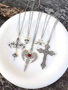 5pcs Vintage Gothic Angel Wings, Cross, Heart, Cross Wings, Star, Rose Butterfly Flower, Magic Mirror, Heart, Star Y2K Necklace Set For Women - Silver - View 1