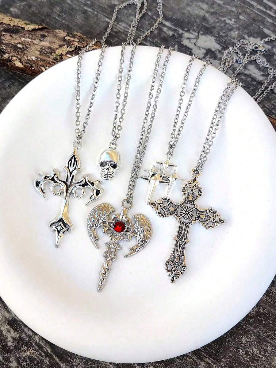5pcs Vintage Gothic Angel Wings, Cross, Heart, Cross Wings, Star, Rose Butterfly Flower, Magic Mirror, Heart, Star Y2K Necklace Set For Women - Silver - View 1