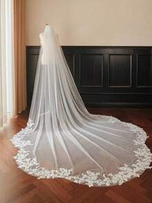 1pc White Floral Elegant Cathedral Train Long Soft Net 2024 New Metal Comb Lace Bridal Veil - White - View 3