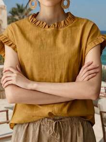 Solid Linen Texture Ruffle Trim French Retro Round Neck Short Sleeve Top, Summer Outfits For Women, Perfect For Holiday, Vacation & Daily Wear - Yellow - View 1