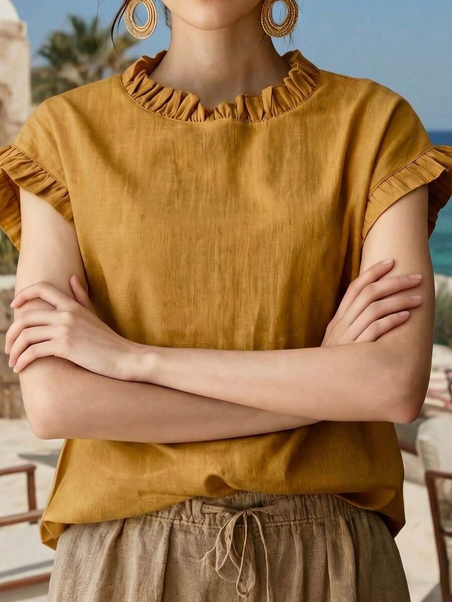 Solid Linen Texture Ruffle Trim French Retro Round Neck Short Sleeve Top, Summer Outfits For Women, Perfect For Holiday, Vacation & Daily Wear - Yellow - View 1