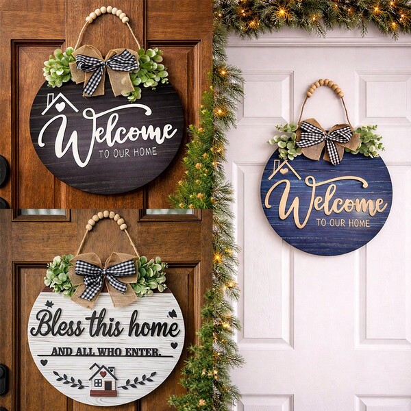Cartel de bienvenida redondo de madera, placa de estilo rústico para la puerta principal, decoración colgante de pared para la entrada "Bendice este hogar" con lazo, cuerda colgante de cuentas de madera y follaje artificial, adecuado para la puerta principal, el vestíbulo, la entrada, la pared, interiores y exteriores