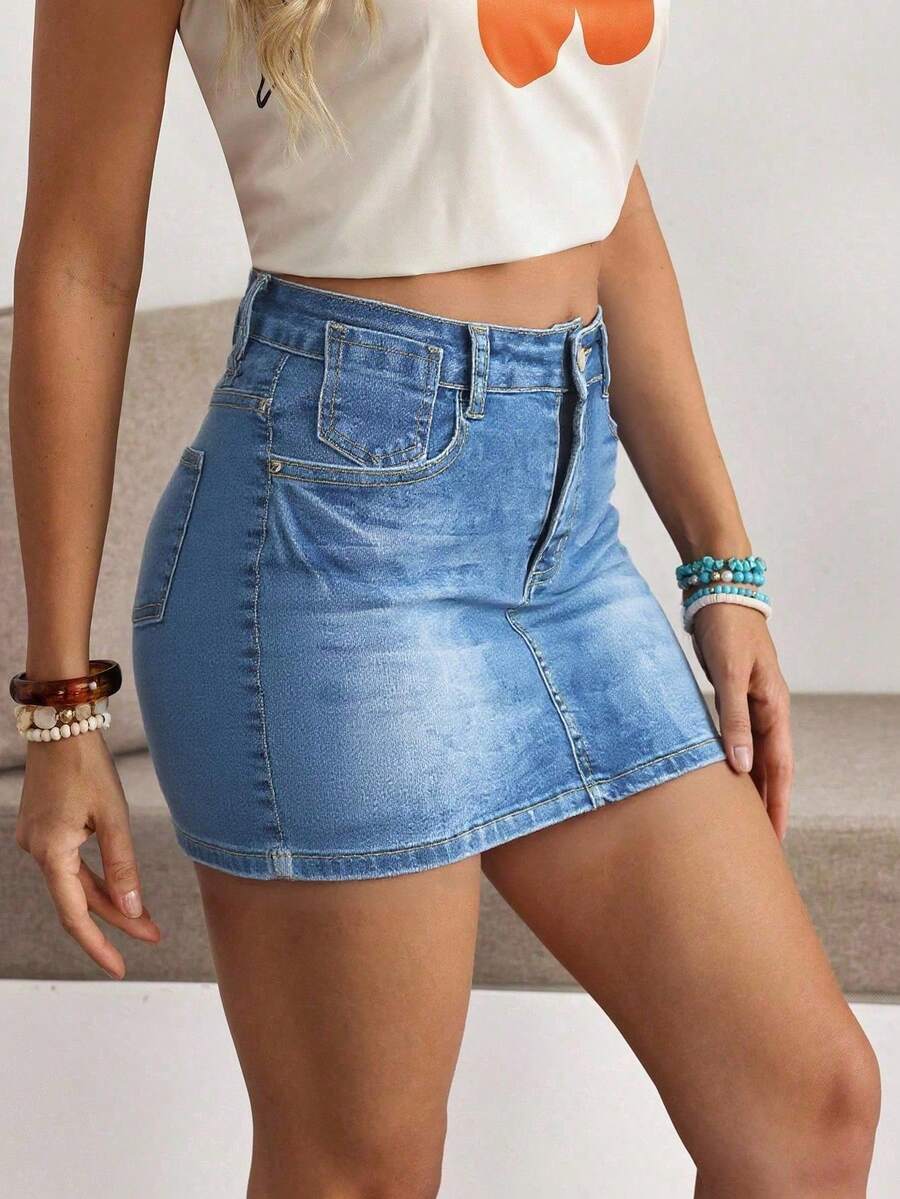 Short Denim Skirt, Distressed Wash Effect, Elastic, With Butt Lift - Deep Blue - View 1