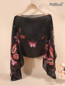 1pc Women's Lightweight Chiffon Vintage Butterfly Print Versatile Loose Fit Pearl Button Scarf Shawl, Suitable For Travel And Daily Use, Spring/Summer - Multicolor - View 11