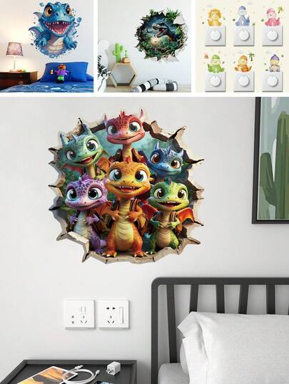 BRUP 1/2/6sheets Broken Wall Cute Baby Dinosaur Wall Decals, 3D Visual Effect Cartoon Dino Crack Wall Stickers, Removable PVC Nursery Dinosaur Wall Art For Kids Boys Room Decor