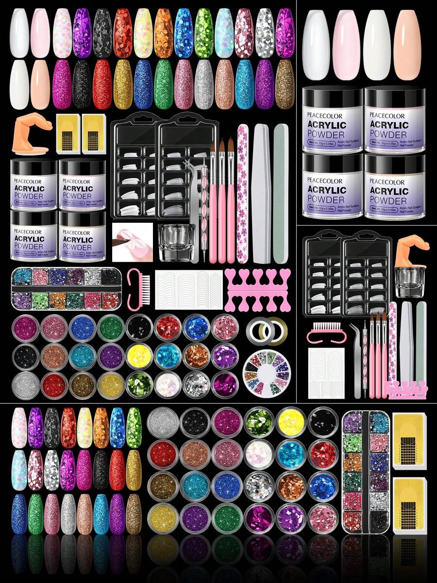 peacecolor 28 Peças Kit de Arte de Unhas Acrílicas - 10g de Pó Acrílico Transparente, Branco, Rosa, Rosa Nude e Glitter Decorativo, Pincéis de Unha, Kit de Unhas Acrílicas DIY para Mulheres, Salão de Beleza, Presente do Dia dos Namorados
