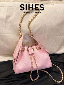 1 pièce Sac à dos en PU de couleur unie pour femmes, sac bandoulière. Design seau à la mode, sangle réglable. Convient aux filles, étudiantes, jeunes professionnels, bureau, travail, affaires, déplacements, shopping - Rose bonbon - Voir 7