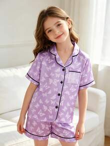 2pcs Tween Girl Purple Butterfly Short Sleeve Shorts Pajama Set - Multicolor - View 4