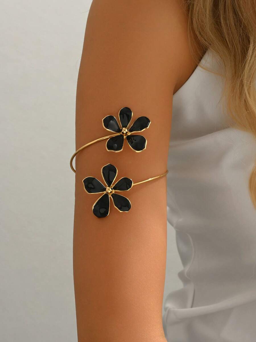 1pc Women's Metal Personalized Fashion Flower Drip Oil Arm Bracelet, Suitable For Vacation Wear - Black - B1302 - View 1