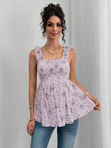 Camiseta sin mangas de línea A con volantes, tirantes anchos y recogida delantera y trasera para maternidad - Lila Púrpura - Ver 3
