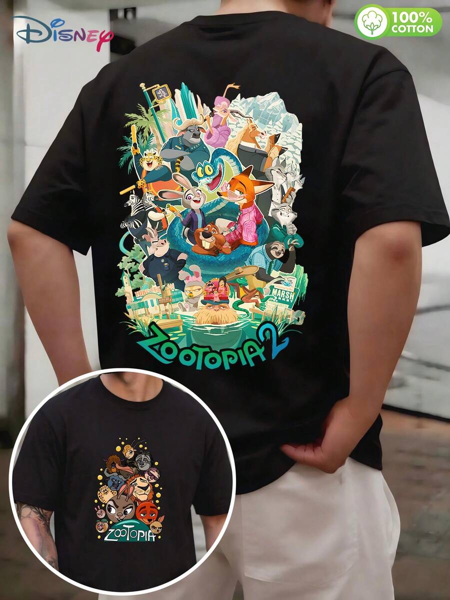 Disney Men's 100% Cotton Zootopia 2 Character Collage Retro Casual T - Shirt - Black - View 1