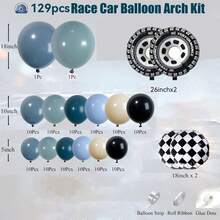 129pcs Blue Racing Car Theme Balloon Arch Set, Including Gray-Blue, Peacock Blue And Black Balloon Garlands, As Well As Plaid Balloons And Racing Flag, Suitable For Birthday Party, Gender Reveal Party, Baby Shower And Racing Theme Decoration - View 2