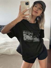 Women's Loose-Fitting Short-Sleeved T-Shirt With Round Neck And Letter Print, Summer Printed Design T-Shirt, Plus Size T-Shirt, College Style, 100% Cotton. - 黑色 - 查看 4