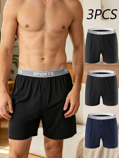 3pcs Men's Plus Size Underwear, Elastic Waistband Letter Woven Solid Color Casual Briefs, Comfortable, Loose Fit Boxer Shorts, Warm Thermal Underwear, Breathable Sports Pants, Stretchy Set, Suitable For Outdoor Fitness, Running, Basketball And Other Sports