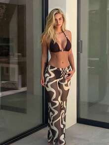 Solid Color Bikini Set With Sheer Cover Up Pants For Beach Vacation Summer - Brown - View 2