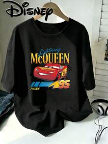 [Disney oficial] 2026 camisetas autorizadas de Disney para hombres, impresión de dibujos animados de Disney Racing Lightning McQueen, personajes clásicos de Disney Lightning McQueen, diseños de camisetas cómicas de manga corta de moda, dibujos animados de manga corta de Disney, camisetas para hombres de Disney, adecuadas para regalos - Negro - Ver 1