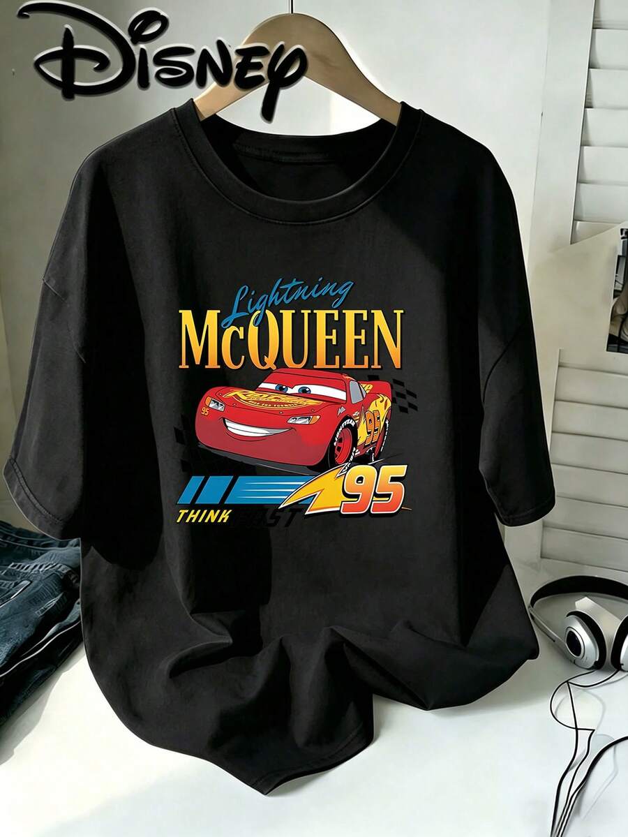 [Disney oficial] 2026 camisetas autorizadas de Disney para hombres, impresión de dibujos animados de Disney Racing Lightning McQueen, personajes clásicos de Disney Lightning McQueen, diseños de camisetas cómicas de manga corta de moda, dibujos animados de manga corta de Disney, camisetas para hombres de Disney, adecuadas para regalos - Negro - Ver 1