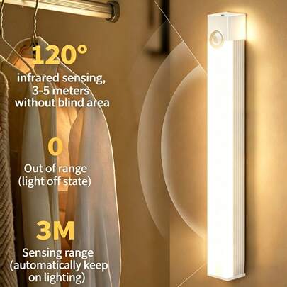 1个带感应器的衣柜灯 - 自动感应夜灯，自动开启LED灯带，磁吸式设计，亮度可调，电池供电，USB充电，适用于衣柜、橱柜、楼梯、走廊、卧室、书房、台面、橱柜下照明、台灯、厨房灯、厨房配件、家居装饰、LED灯