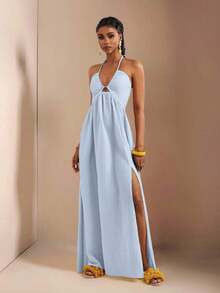 New Spring And Summer Casual Holiday Halter Neck Strapless Bust, Waist And Back A Swing Skirt With High Slit On The Front To The Thigh, Yellow Sea Stripe Women's Extra Long Dress-B Baby Blue Dress,Sun Dresses For Women - Màu xanh lam - Xem 5