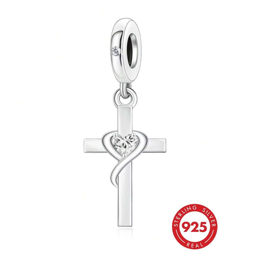 1pc 925 Sterling Silver Cross & Heart Pendant, Decorated With Heart And Infinity Beads, Christian Style Jewelry, Perfect Gift For Faith And Love, Hypoallergenic - Silver - View 1