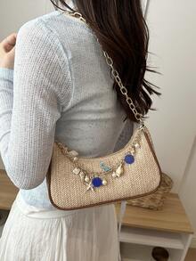 2026 New Fashionable Summer Straw Shoulder Underarm Bag With Chain - Khaki - View 4