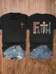 1 Camiseta de Moda Casual para Hombres y Mujeres, Estilo Vintage Cristiano, de Manga Corta con Versículos Bíblicos, Camiseta Casual con Cruz, Camiseta de Cuello Redondo con Estampado de Oración, Camisetas Gráficas Versátiles para Mujer, Fácil de Combinar, para Uso Diario, Estilo Urbano, Ropa de Vacaciones, Ropa de Fin de Semana. - Negro - Ver 1