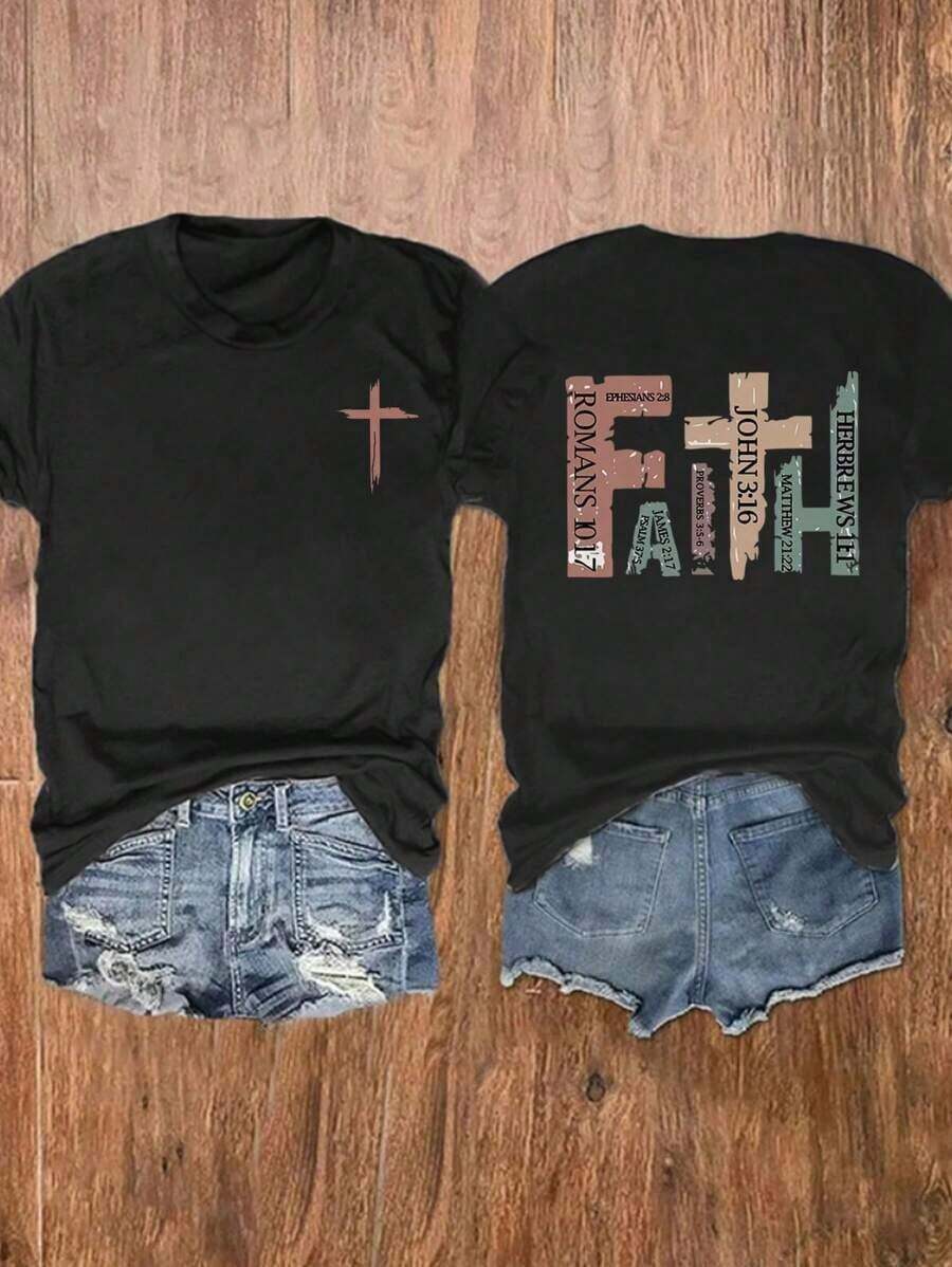1 Camiseta de Moda Casual para Hombres y Mujeres, Estilo Vintage Cristiano, de Manga Corta con Versículos Bíblicos, Camiseta Casual con Cruz, Camiseta de Cuello Redondo con Estampado de Oración, Camisetas Gráficas Versátiles para Mujer, Fácil de Combinar, para Uso Diario, Estilo Urbano, Ropa de Vacaciones, Ropa de Fin de Semana. - Negro - Ver 1